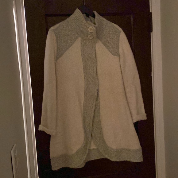 Prana long cardigan, off-white with gray trim - Picture 2 of 13